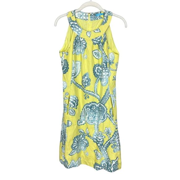 J. McLaughlin Edie Linen A Line Dress sz 0 Yellow Blue Paisley Preppy Summer - Picture 2 of 9
